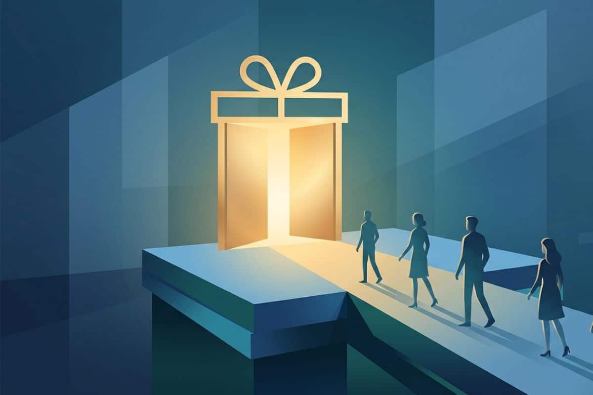 Gens marchant vers cadeau lumineux géant