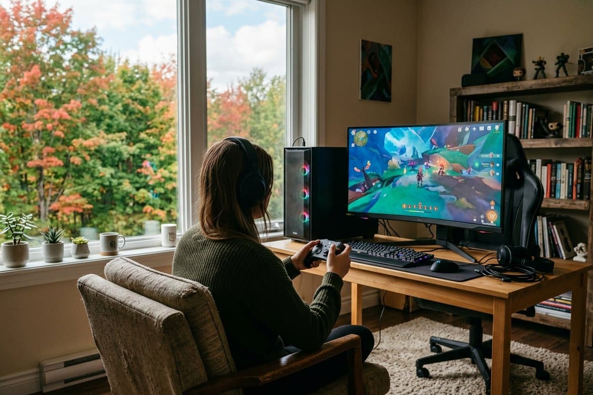 Femme jouant sur PC, décor automnal