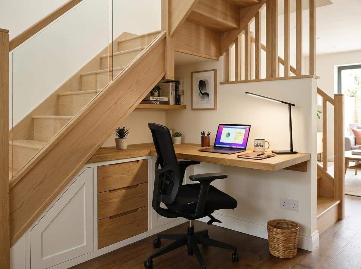 Bureau compact installé sous un escalier