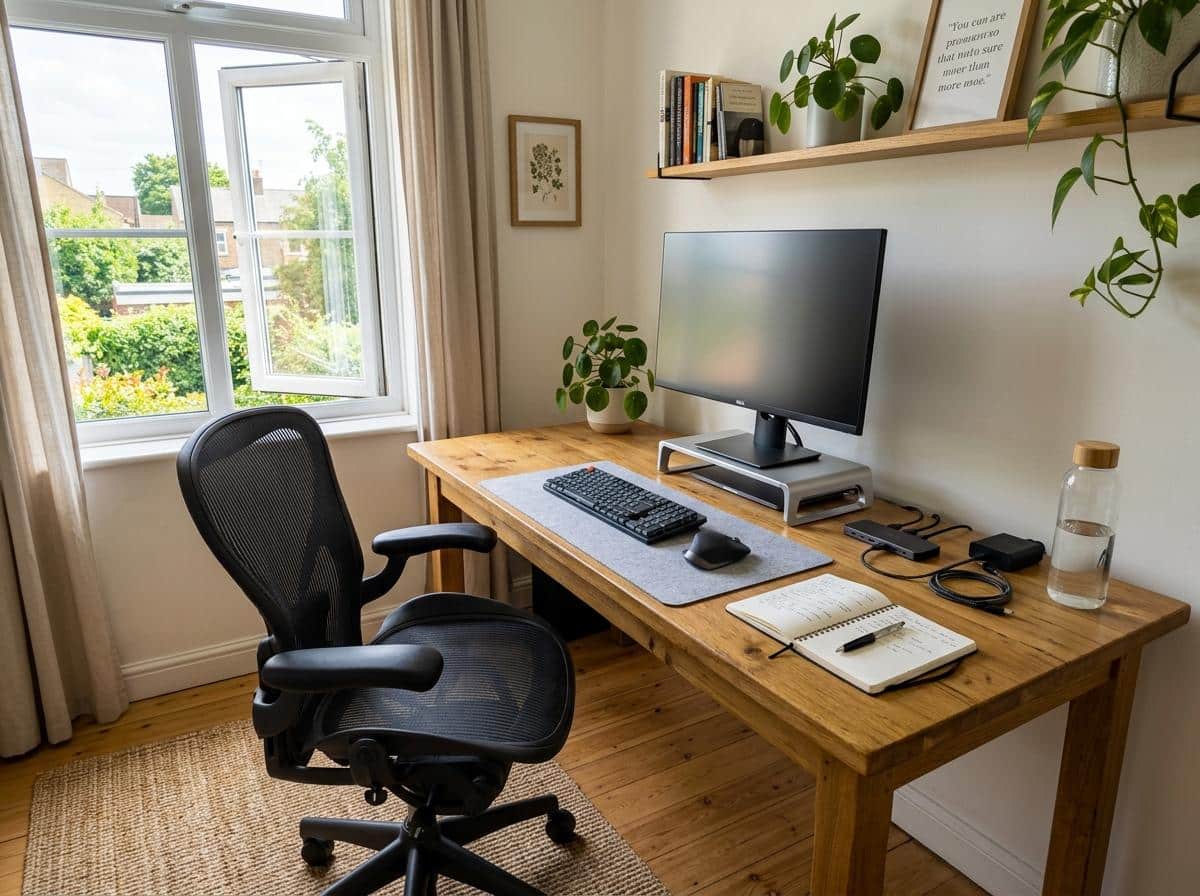 Bureau à domicile avec écran surélevé et matériel rangé